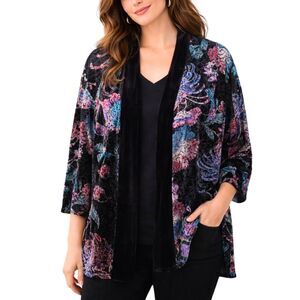 Chico’s Velvet Burnout Kimono Cardigan Size 1 M Black Floral Sheer Open Front